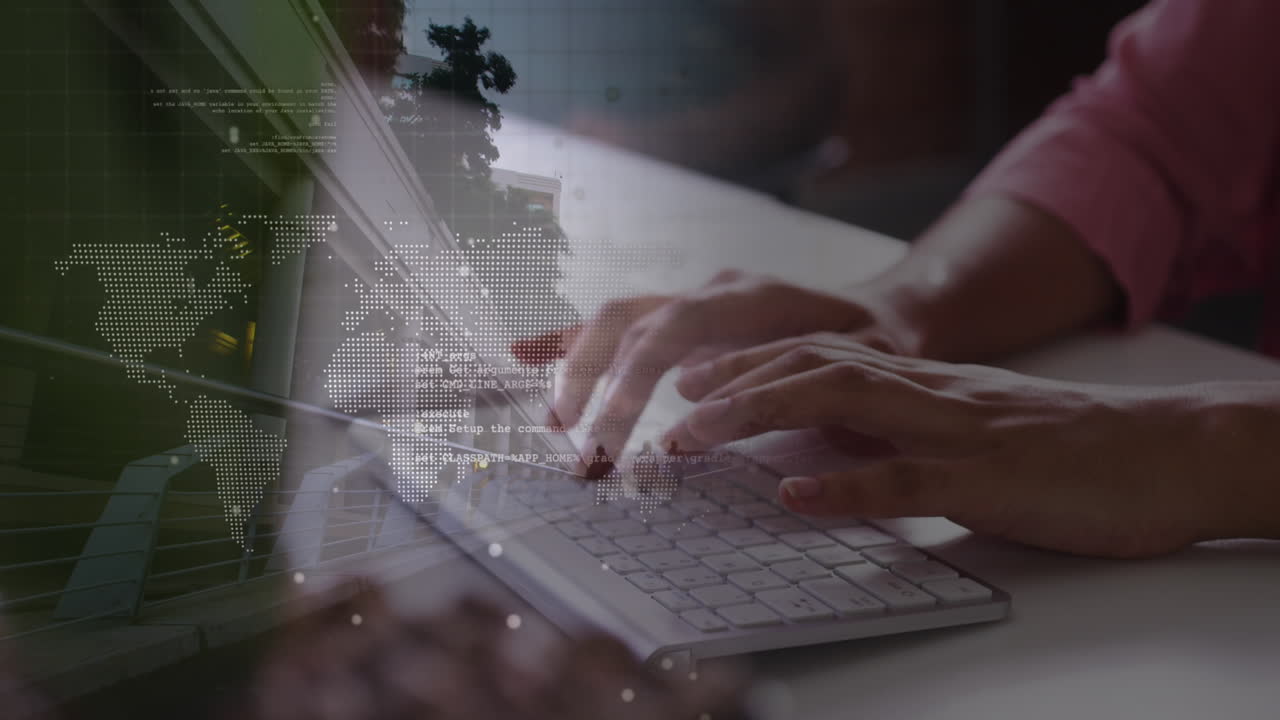 Animation of biracial businesswoman using computer over data processing and cityscape