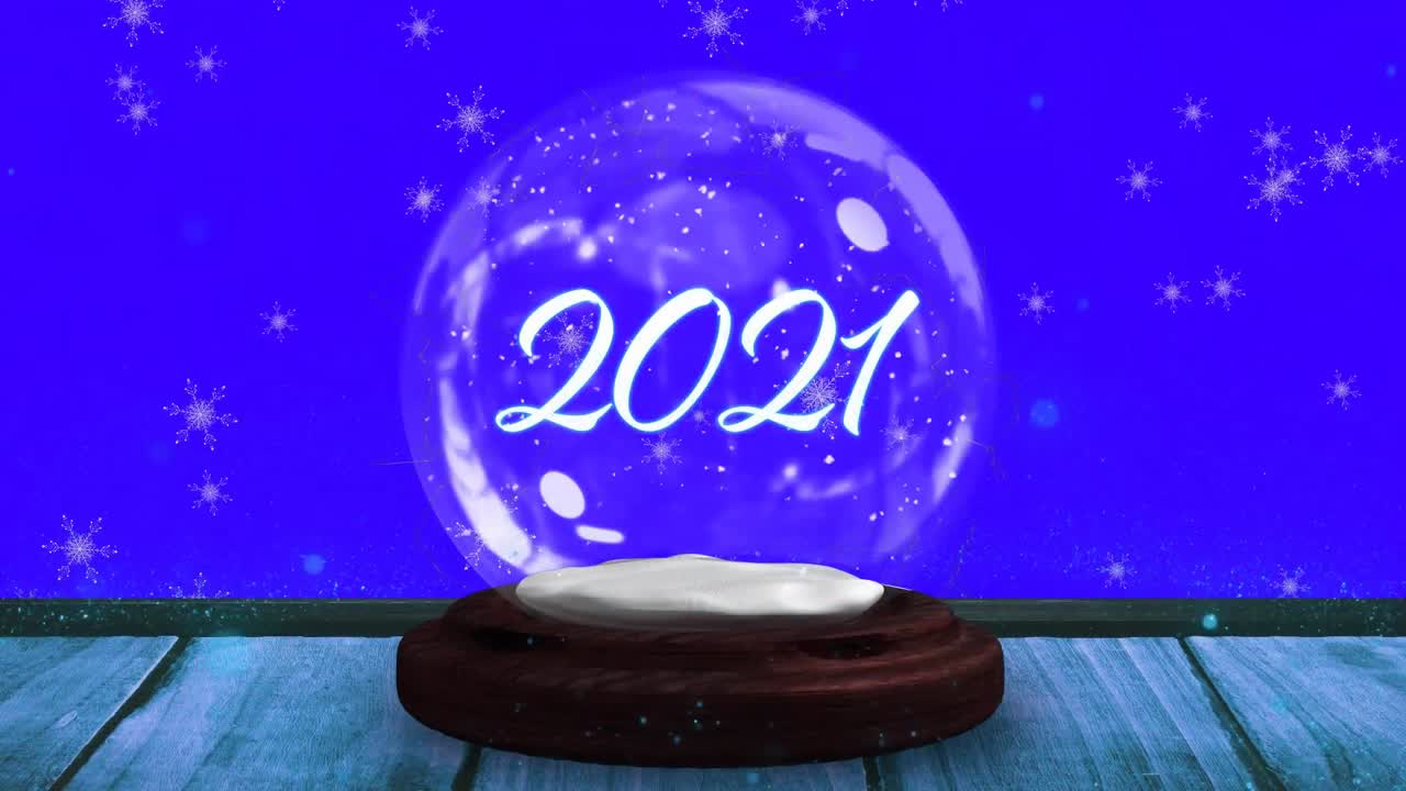 animación de 2021 en globo de nieve con estrella fugaz y nieve cayendo
