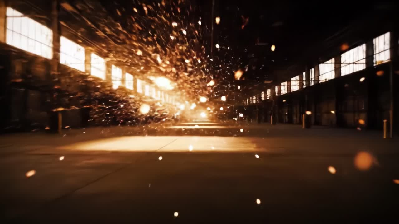 Sunlight filters through dusty windows in an empty warehouse, illuminating particles in the air. The atmosphere feels mysterious and eerie, inviting exploration and curiosity about the space.