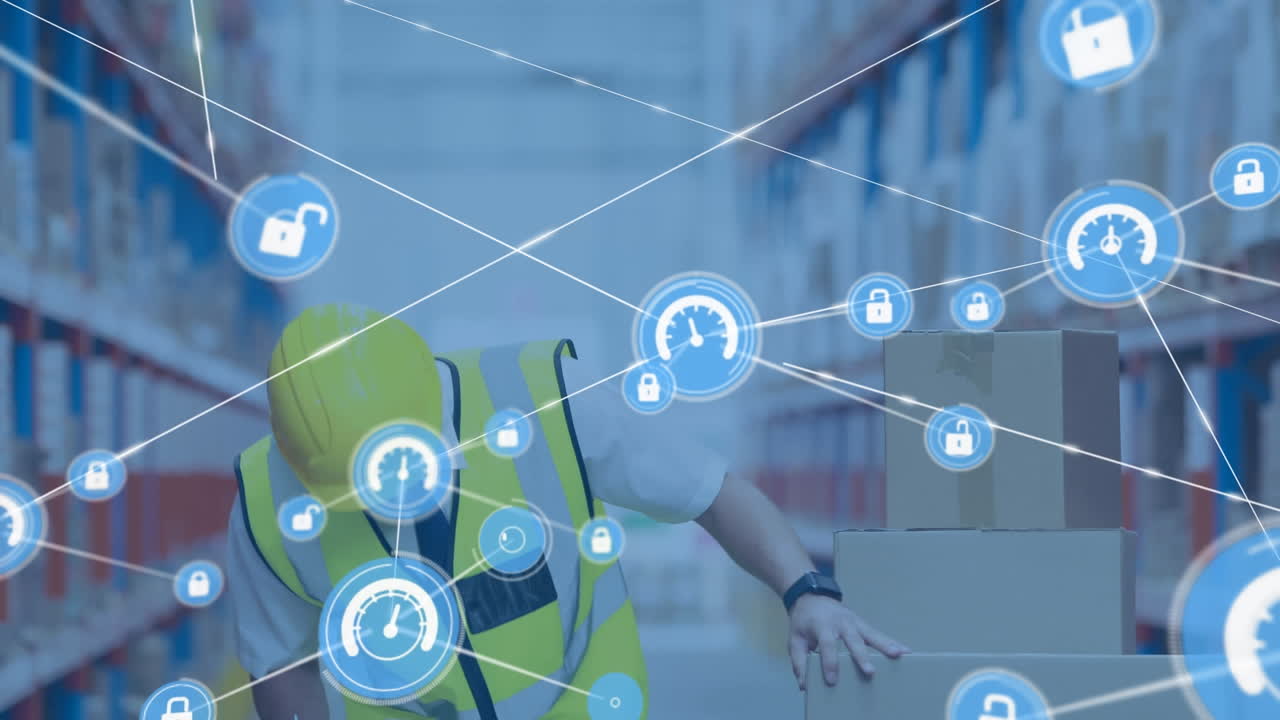 창고의 클립보드에 글을 쓰는 사람 위의 아이콘으로 연결 네트워크의 애니메이션