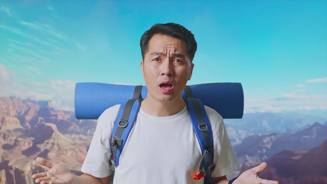 Close Up Of Puzzled Asian Male Hiker With Mountaineering Backpack Making Gestures Doubtfully And Saying Why While Traveling At The Top Of Mountain