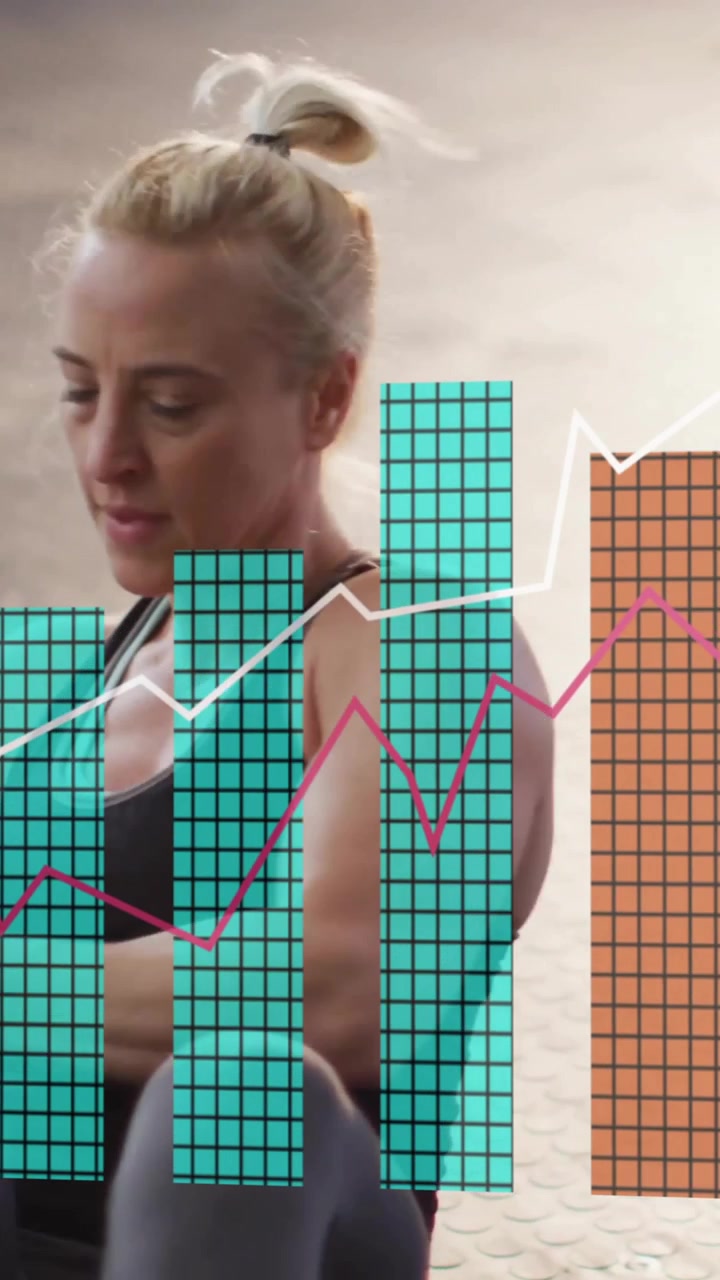Animação de diagrama sobre mulher caucasiana exercitando-se na academia