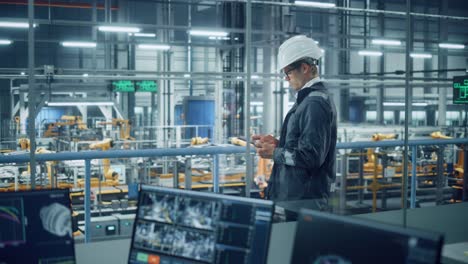 handsome engineer in uniform and hard hat using tablet computer at a car assembly plant. industrial specialist working on vehicle design, overlooking production in technological facility.