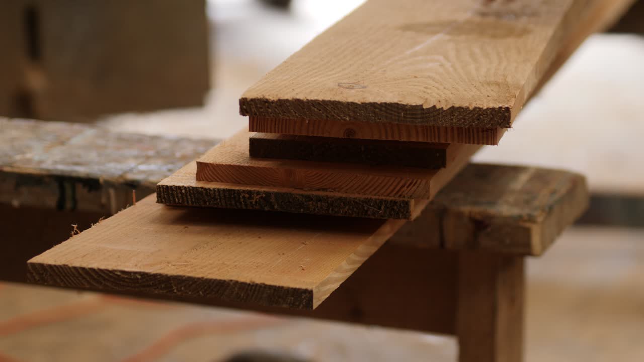 Douglas fir planks stacked for wooden boat building