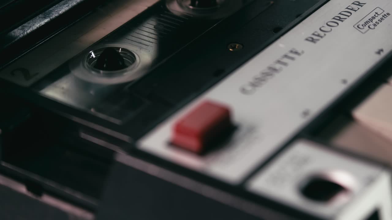 Portable compact cassette tape recorder rewinding in action CLOSE-UP