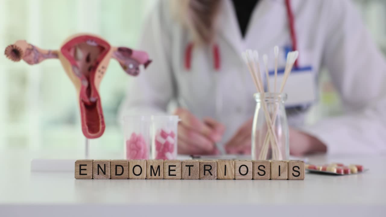 Endometriosis medical concept with anatomical model and doctor