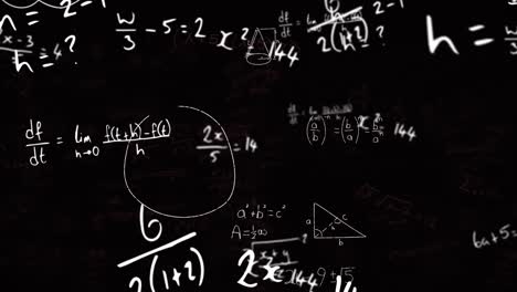 Animation-of-mathematical-equations,-diagrams-and-formulas-floating-against-black-background