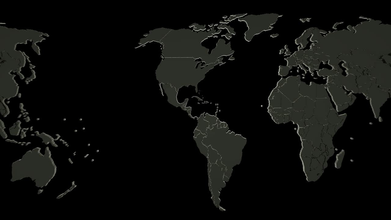 animación 3d en bucle de un mapa del mundo negro sobre un fondo negro. desplazamiento de izquierda a derecha