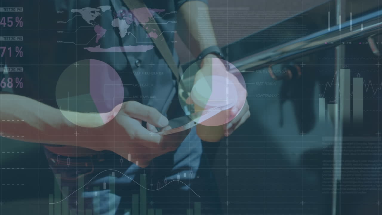 스마트폰을 사용하는 카우카스계 사업가에 대한 금융 데이터 처리 애니메이션