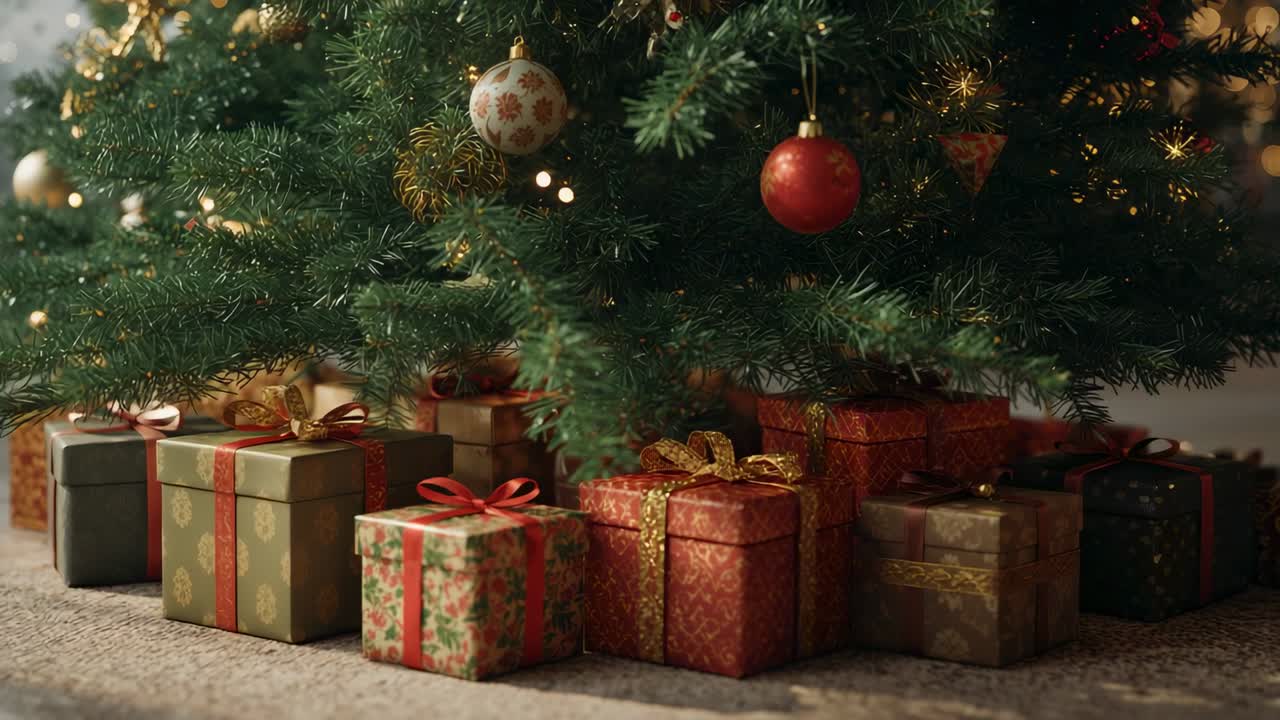 Inquadratura dal basso verso l'alto di un albero di Natale in casa, che cattura i regali e le decorazioni luminose