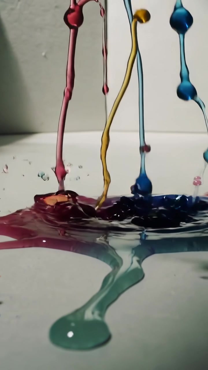 Video verticale: Ugello che rilascia liquidi colorati che colpiscono un piano d'appoggio bianco, per riprese ad alta velocità.
