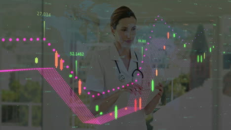 female doctor with clipboard writing notes in healthcare, showing animated world map and line graph