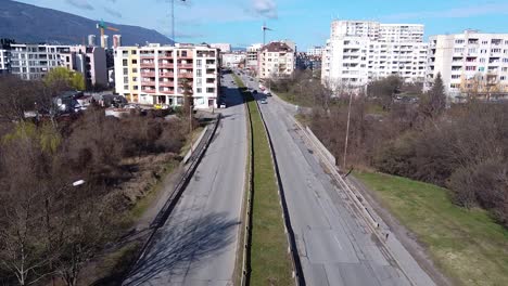 Drone-flight-over-Boulevard-Andrey-Lyapchev-in-Sofia,-Bulgaria