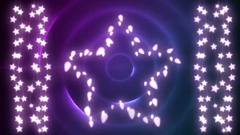 animación de luces de hadas que forman cuerdas y marco de estrellas con espacio de copia en círculos púrpuras pulsantes