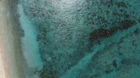 Vista-Aérea-De-La-Superficie-Del-Agua-Del-Mar-Azul-De-La-Bahía-De-Coral-Con-Gente-Nadando-Cerca-De-La-Playa