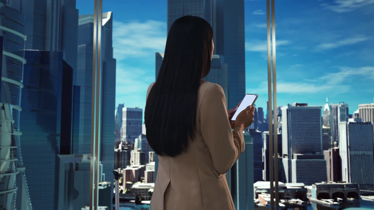 사무실 창문 에서 도시 지평선 을 바라보는 사업가