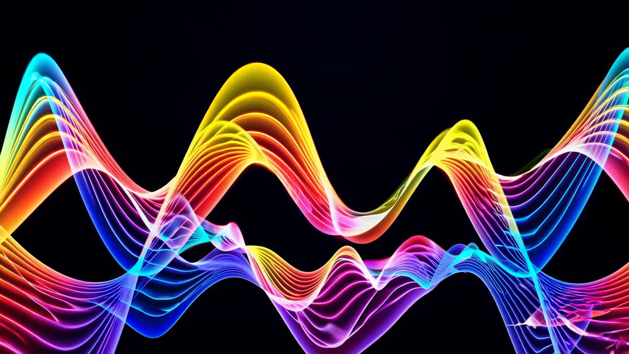 Vibrant sound waves in a spectrum of colors on a dark background, captured from a frontal angle