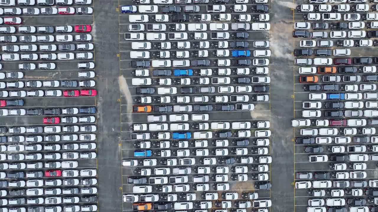 Aerial view of stored cars at an outside facility at Port Kembla in Australia