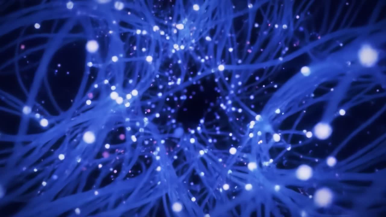 Bright blue strands and glowing dots create an enchanting visual in a digital environment. This captivating display showcases movement and depth, immersing viewers in an otherworldly experience.