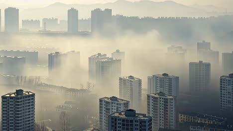 foggy cityscape with apartment buildings