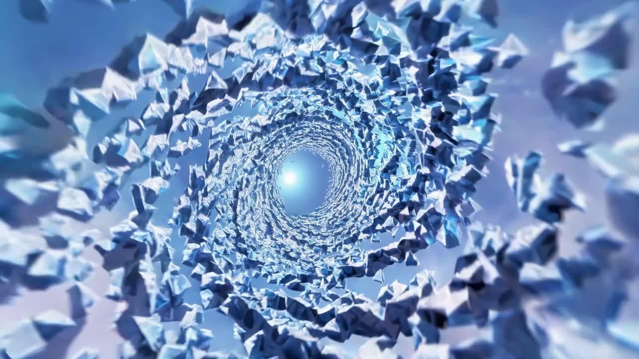 Crystalline ice fragments spiraling into luminous passageway, generating mystical ethereal landscape with translucent architectural form and radiant central glow