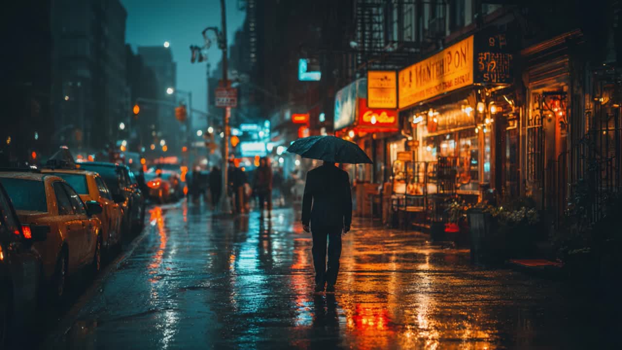 A solitary figure walks with an umbrella in a vibrant, rainy city ...