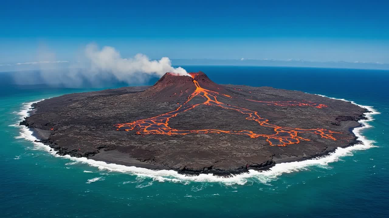 Majestic Volcano Erupting with Flowing Lava and Billowing Smoke, Surrounded by Turquoise Ocean and Black Lava Landscape Under Clear Blue Skies