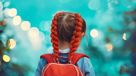 a little girl with a red backpack looking out over a city