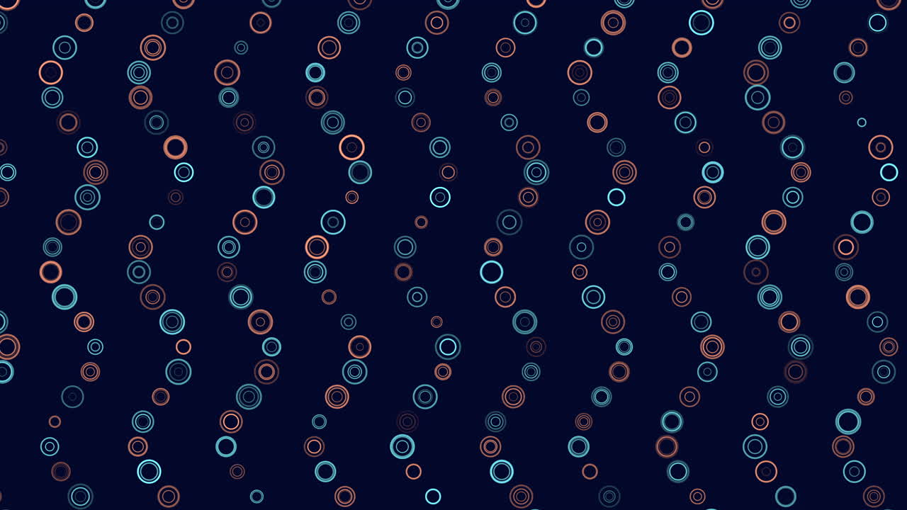 Abstract footage of glowing circular outlines forming wavy vertical lines on a dark background, ideal as a modern animated backdrop for presentations, motion graphics, titles and digital interfaces