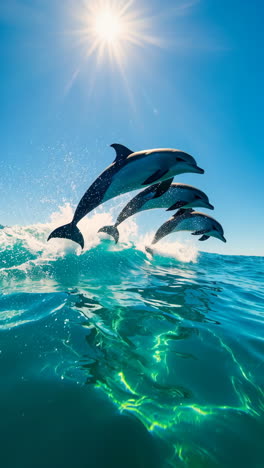 dolphin leaping and diving in sunny blue ocean waters