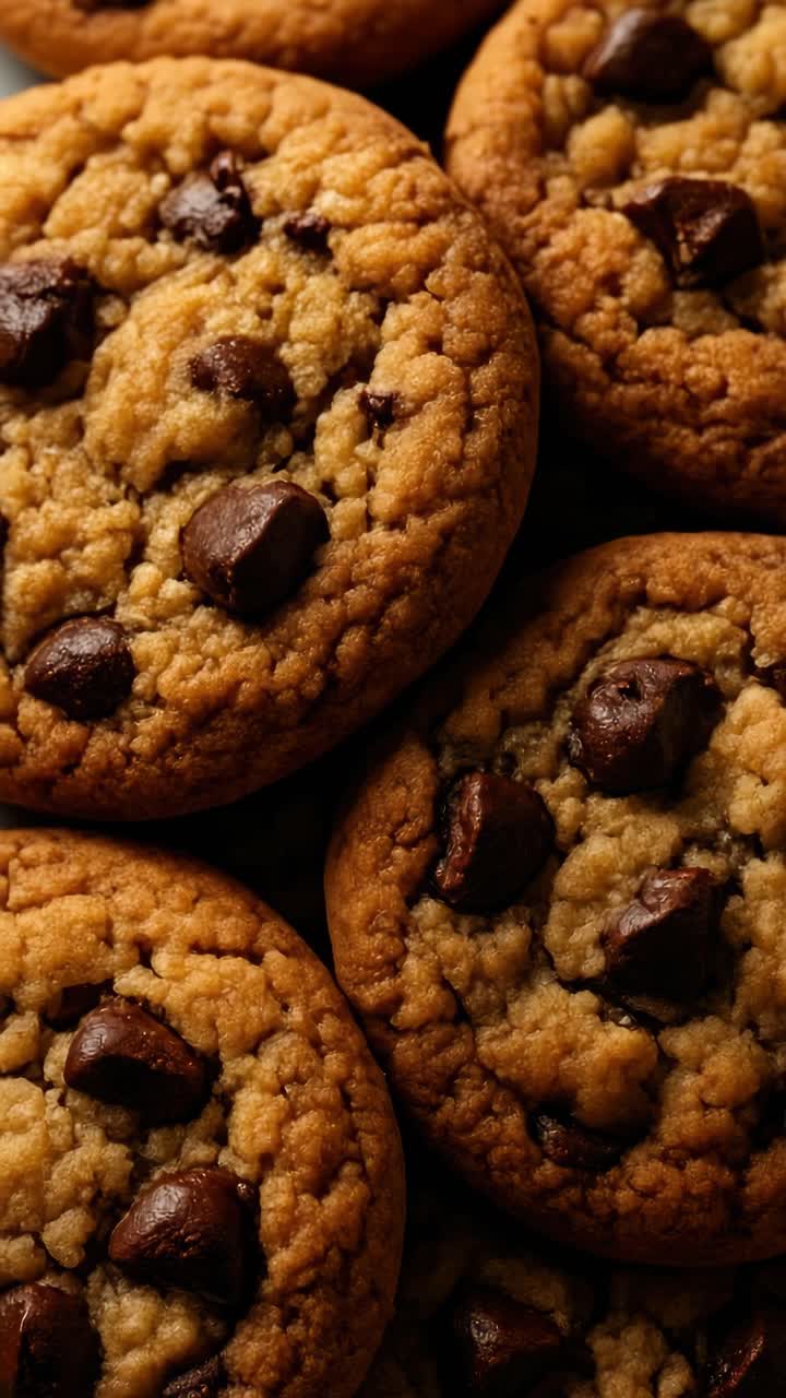 Close-up, top-down video angle of freshly baked chocolate chip cookies, showcasing their texture