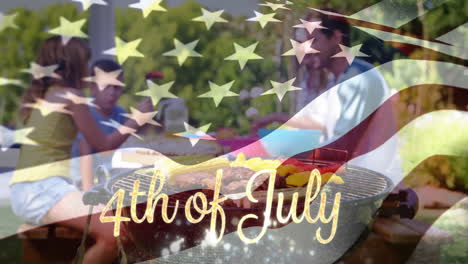 family enjoying picnic and the american flag with a 4th of july text