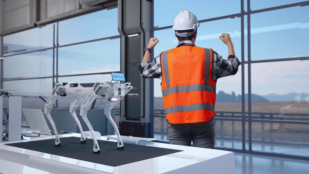 Full Body Back View Of Asian Male Engineer With Safety Helmet Standing Raising His Hands Celebrating Working in High Tech Factory, Analyzing Robotic Machine Concept