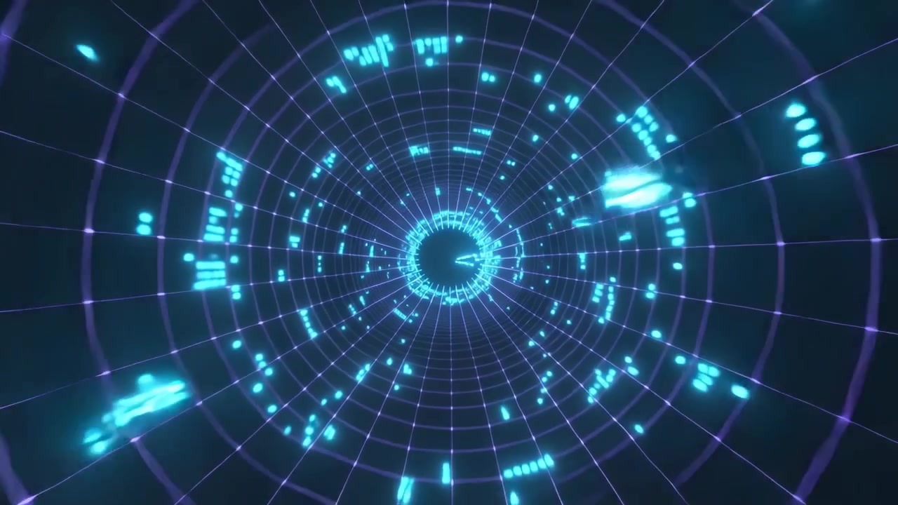 Sending bright bar from upper-left, circular wireframe tunnel pulsing, pulling cyan nodes inward
