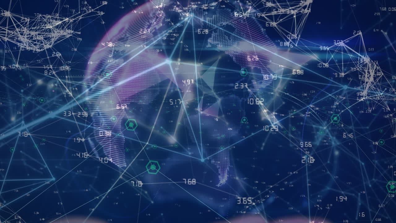 Animation of data processing with globe over shapes