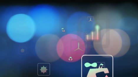 animation of icon in squares over illuminated lens flares against abstract background