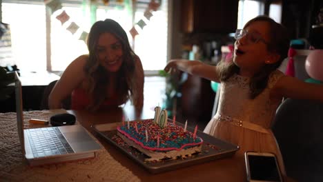 Imágenes-De-Una-Modelo-Liberada-Madre-E-Hija-Celebrando-Un-Cumpleaños-En-Video-De-Computadora-Reunión-Distanciamiento-Social