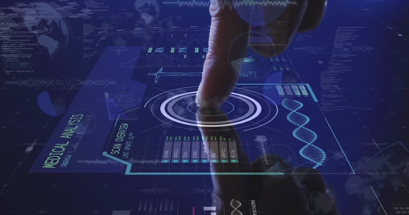 Animation of hands of caucasian man using touchscreen with diverse data