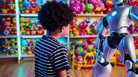 a child discovers a robot in a toy store