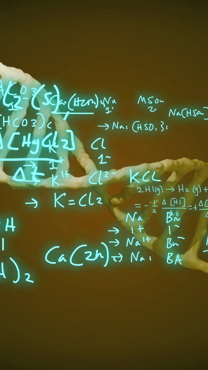 Video verticale: Elica di DNA 3D a destra, mano che entra da sinistra avviando formule al neon e annotando il DNA.
