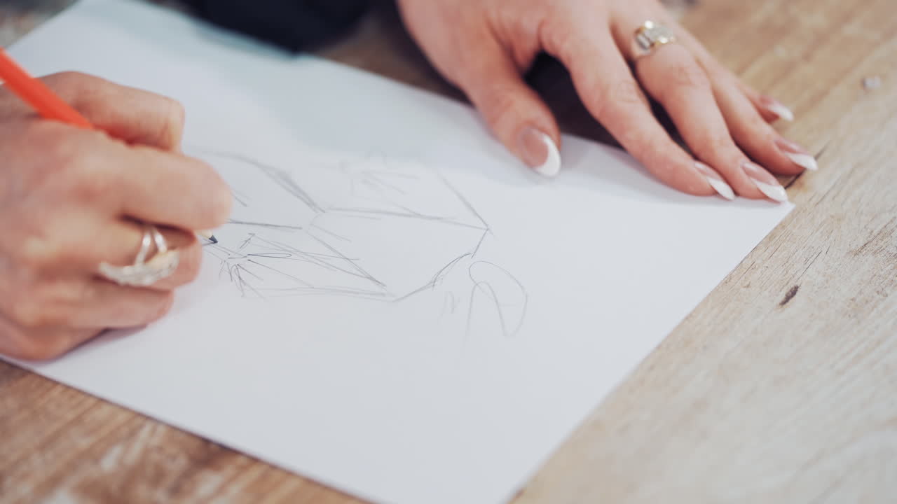 Young woman's hands of a fashion designer drawing sketches of clothes in the atelier. Female tailor draws with a sharp pencil indoors. Close-up
