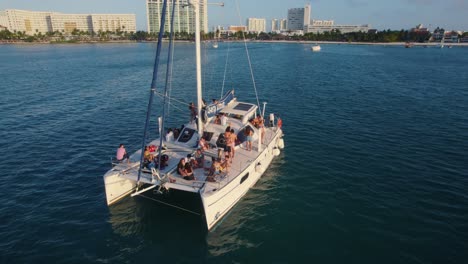 tourist catamaran on the water with people on vacation