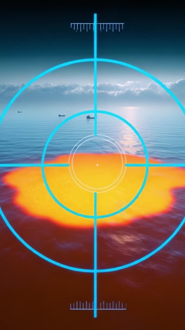 A serene ocean view captured in two frames, illustrating distant boats on a calm sea with dramatic sky reflections and a targeting crosshair overlay