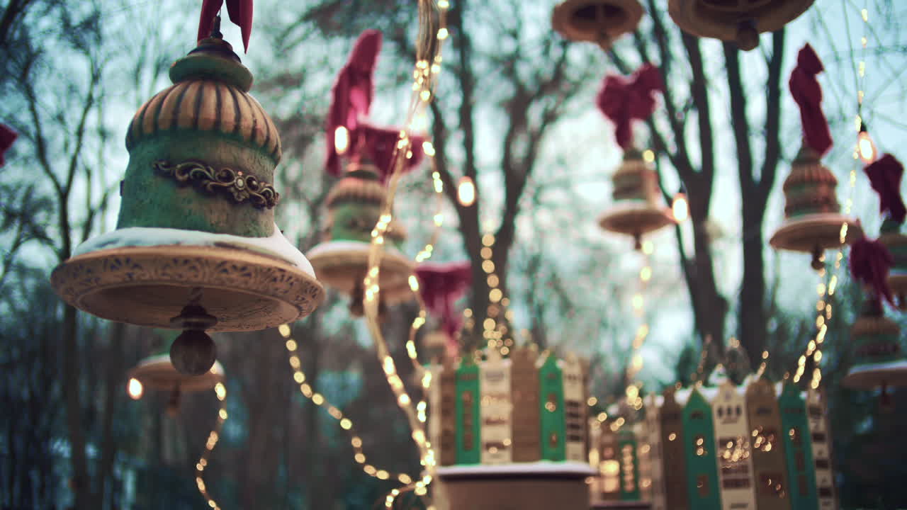 Outdoor cafe decorated with hanging ornaments, lights, and bows during winter