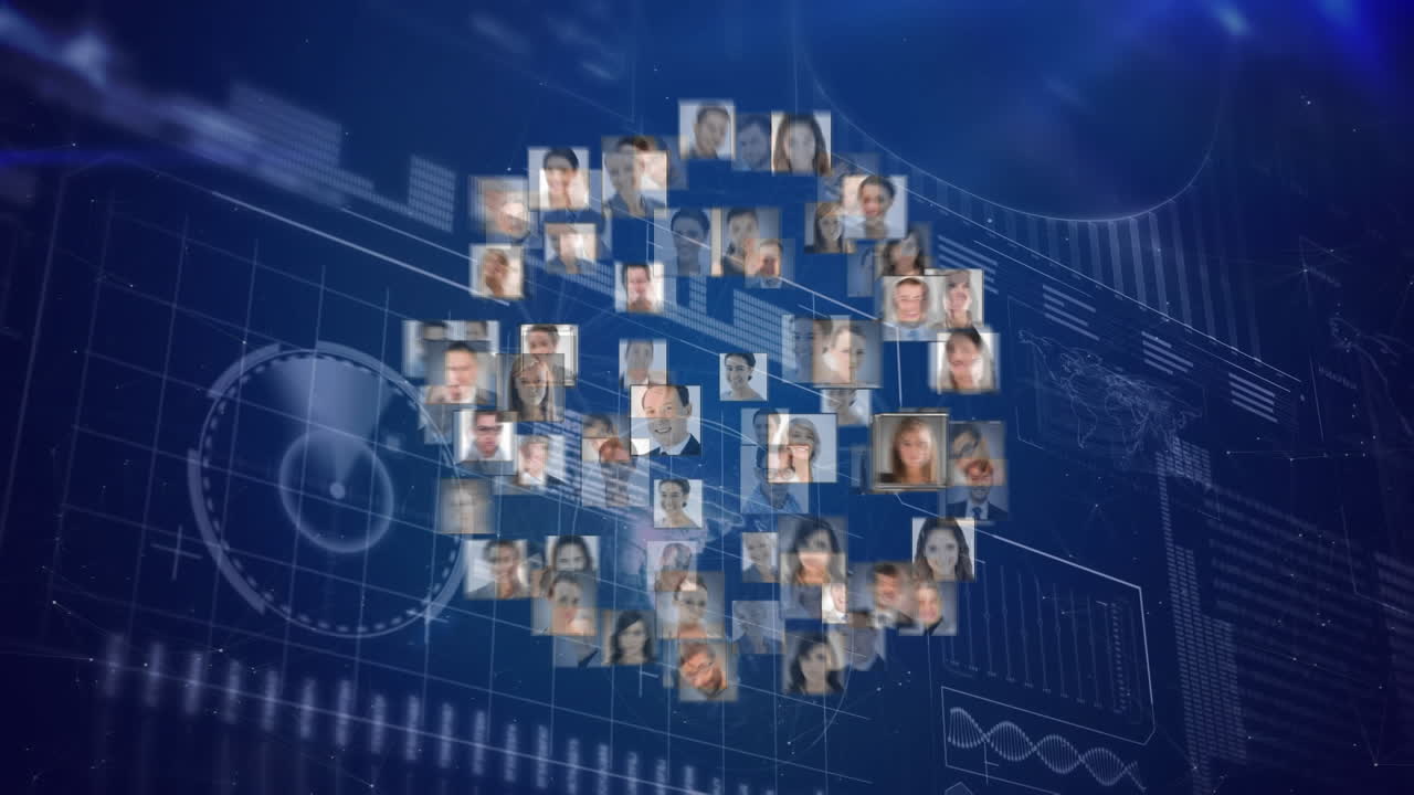 Digital globe with profile icons represents global networking and business.