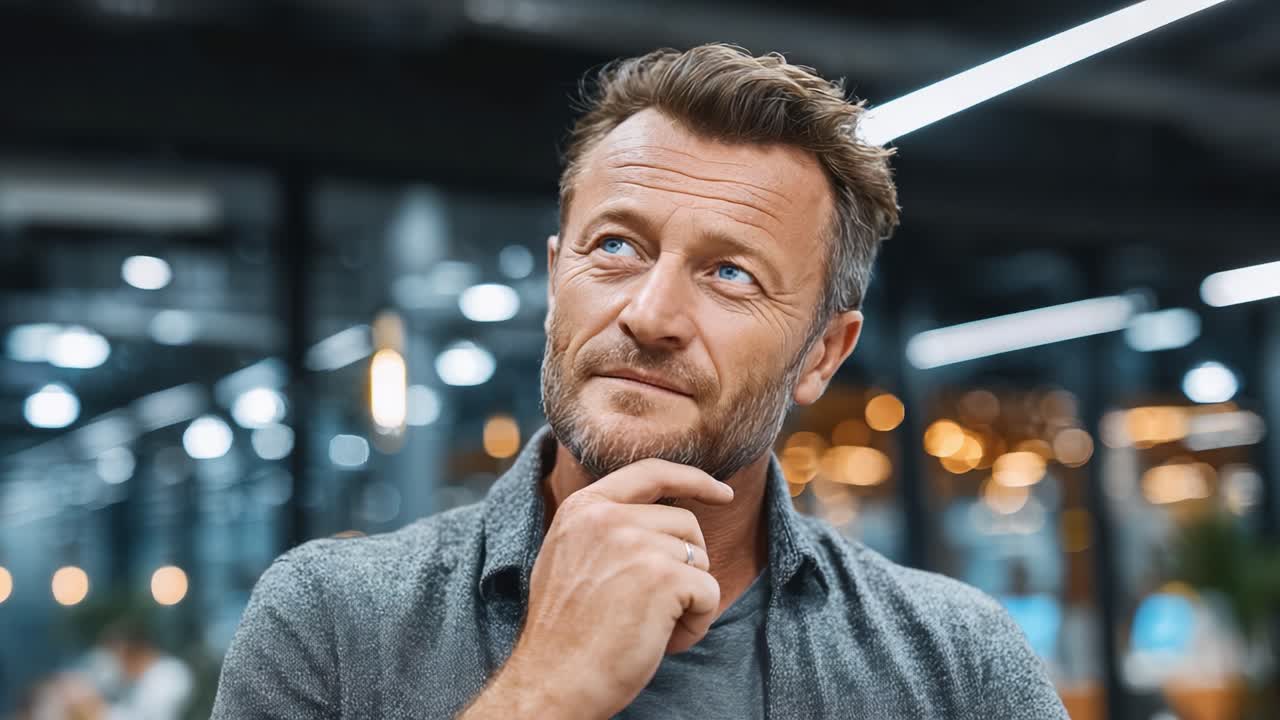A Thoughtful Man Contemplating His Ideas in a Modern Workspace with a Contemporary Ambiance and Soft Lighting, Exuding Confidence and Reflection