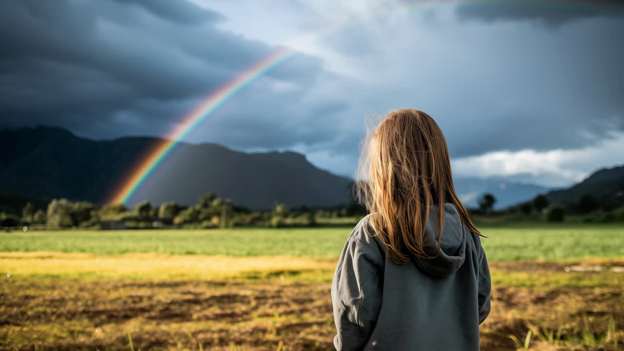 Young girl with long hair stands in a field, gazing at a vibrant rainbow arching over a picturesque landscape of green fields and mountains, a moment of awe and wonder in nature's beauty