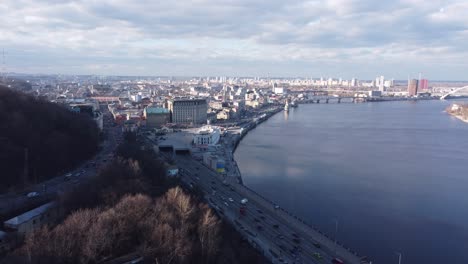 aerial drone view. view of the dnieper river and the podil district in kiev.