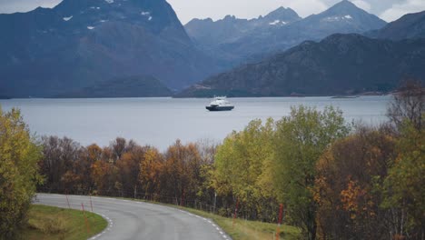 a narrow rural road follows the fjord coastline