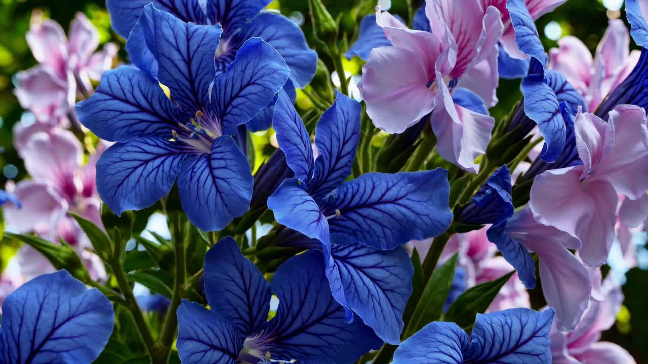 Vídeo em ângulo baixo de flores vibrantes azuis e rosas contra um fundo folhoso e iluminado pelo sol.